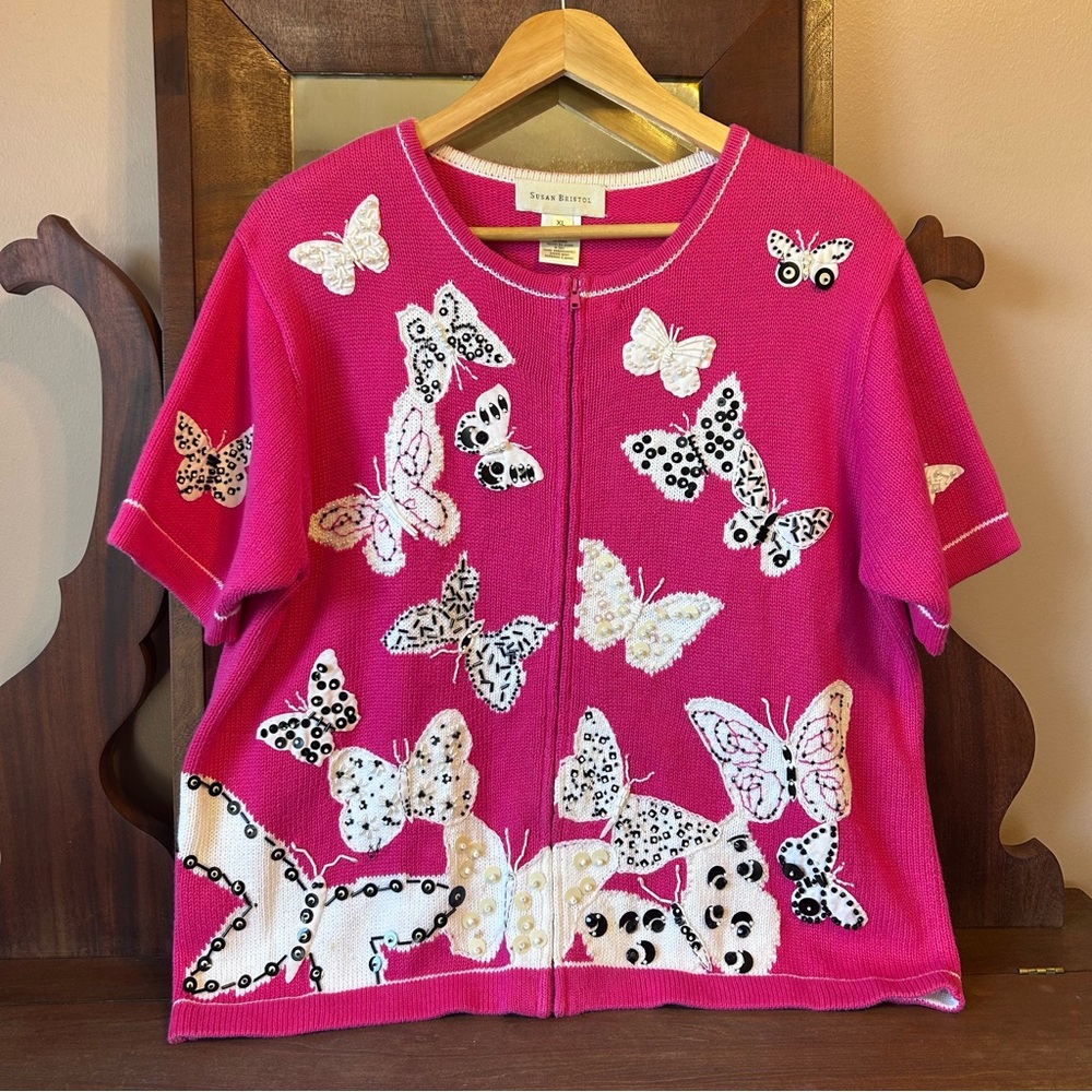 Rare VTG Susan Bristol Short Sleeved Pink Sequin Beaded Butterfly Cardigan: XL